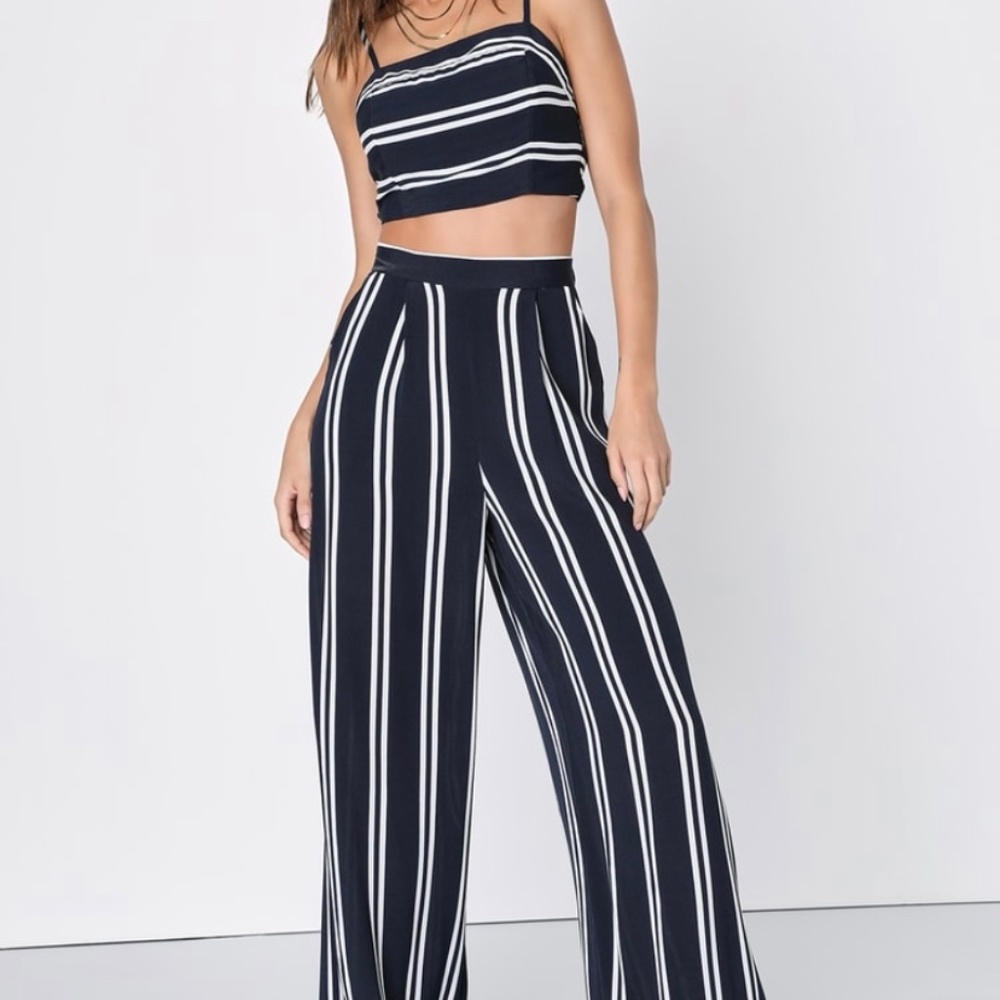 Coastal Living Navy Blue and White Striped Two-Piece Jumpsuit